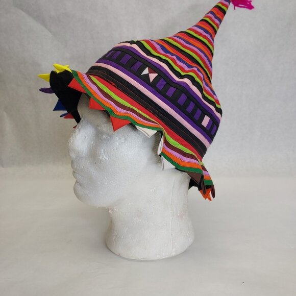 Handmade Traditional Hill Tribe Festival Hat Cone Shape Vibrant Patchwork Stripe - Picture 6 of 10